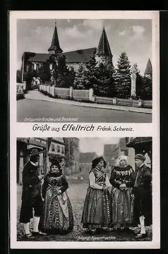 AK Effeltrich /Fränk. Schweiz, Ortspartie Kirche und Denkmal, Bauerntrachten