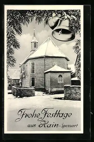 AK Hain / Spessart, Kirche, Frohe Festtage