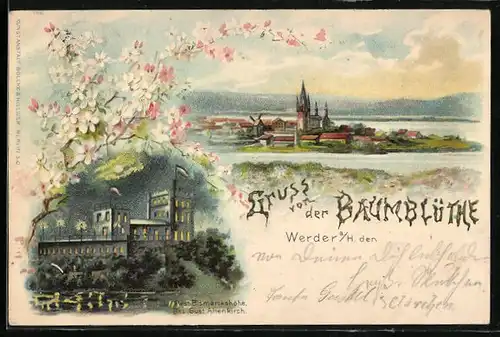 Künstler-AK Werder a. H., Restaurant Bismarckshöhe, Teilansicht mit Windmühle bei Baumblüte