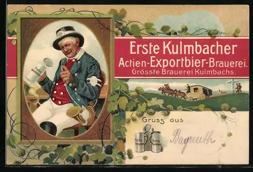 Künstler-AK Kulmbach, Erste Kulmbacher Actien-Exportbier-Brauerei, Postbote mit Bierkrug, Postkutsche