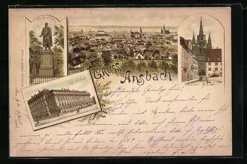 Lithographie Ansbach, Strasse am oberen Markt mit Gumbertuskirche, Schloss, Platendenkmal, Panorama