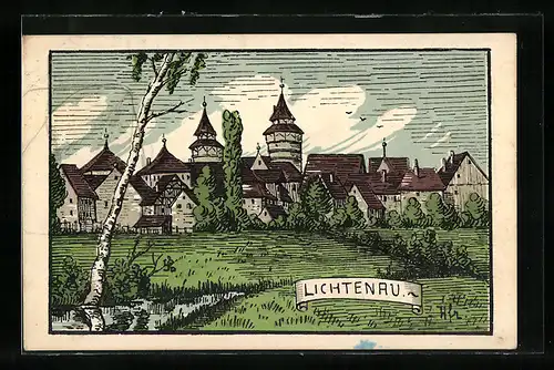 Steindruck-AK Lichtenau, Ortsansicht mit Türmen