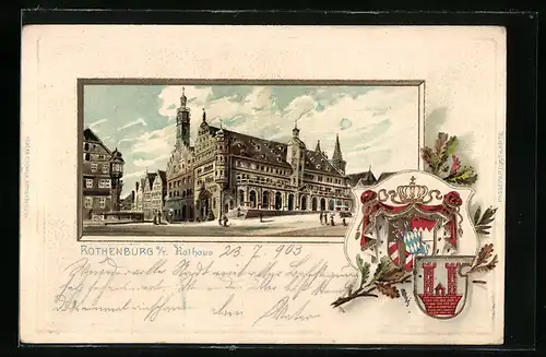 Passepartout-Lithographie Rothenburg o. T., Ortspartie am Rathaus, Wappen