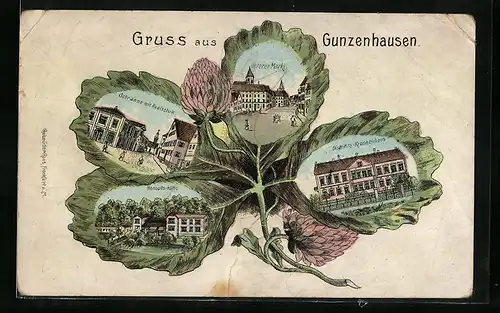 Lithographie Gunzenhausen, Schranne mit Realschule, Unterer Markt, Distrikts-Krankenhaus, Hensolts-Höhe, floraler Rahmen