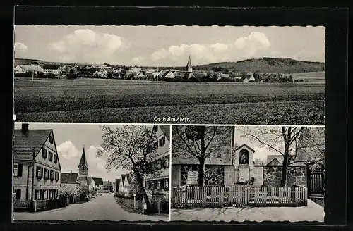 AK Ostheim /Mfr., Ortsansicht, Strassenpartie, Kriegerdenkmal