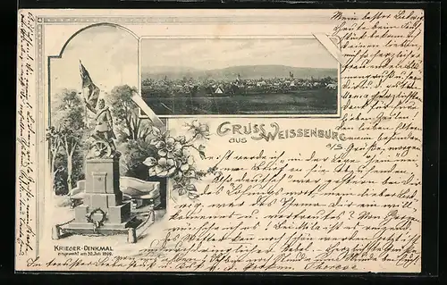 AK Weissenburg, Ortsansicht und Kriegerdenkmal von 1899