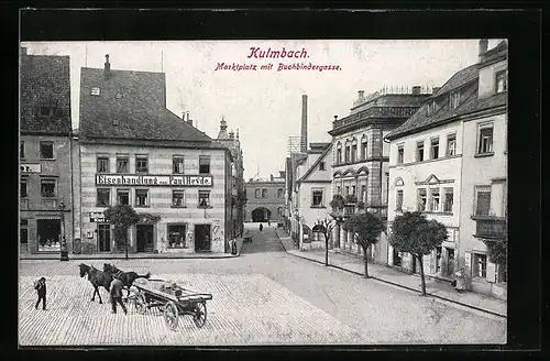 AK Kulmbach, Marktplatz mit Buchbindergasse, Eisenhandlung von Paul Hevde