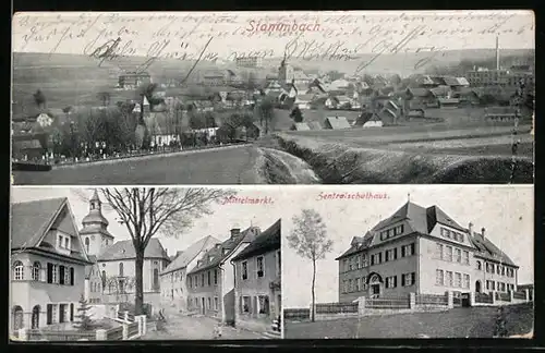 AK Stammbach, Ortsansicht mit Kirche, Blick auf Mittelmarkt und Zentralschulhaus