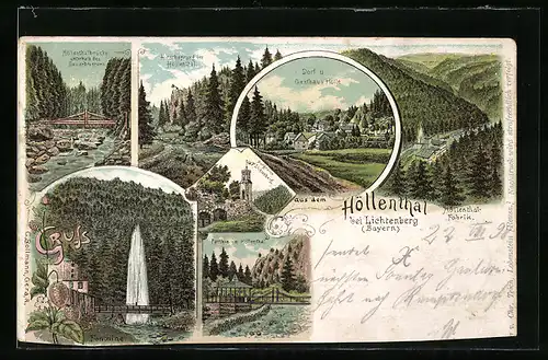 Lithographie Lichtenberg, Höllenthal-Fabrik, Dorf & Gasthaus Hölle, Hirschsprung