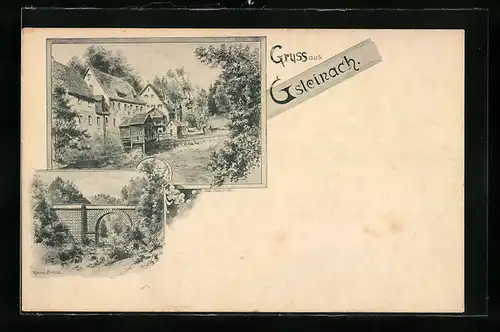 Künstler-AK Gsteinach, Wirtschaft am Kanal, Brücke