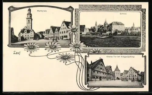 AK Lauf, Marktplatz, Schloss, Oberes Tor mit Kriegerdenkmal