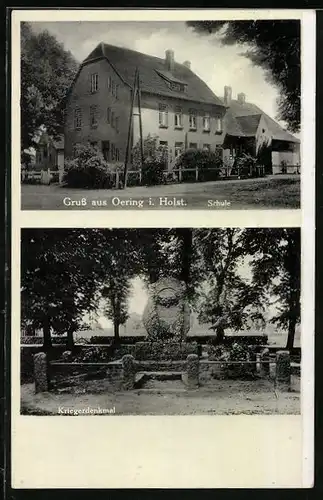 AK Oering i. Holst., Strassenpartie an der Schule, Kriegerdenkmal