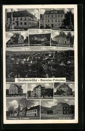 AK Grafenwöhr, Bierreise-Fahrplan, Gasthof Specht, Militär-Hotel, Bahnhof-Restaurant, Grüner Kranz