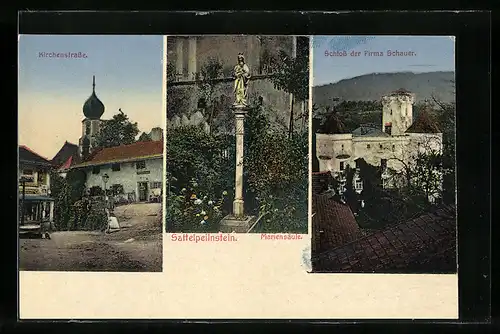 AK Sattelpeilnstein, Mariensäule, Kirchenstrasse und Schloss der Firma Schauer