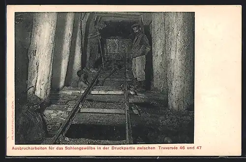 AK Simplon, Ausbrucharbeiten für das Sohlengewölbe in der Druckpartie zwischen Traversee 46 u. 47, Strassenbau