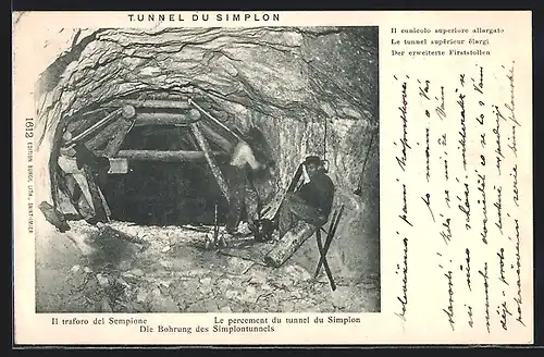 AK Simplontunnel, Arbeiter bei der Bohrung, Der erweiterte Firststollen, Strassenbau, Bergbahn