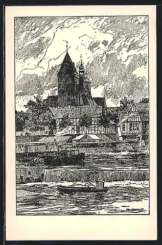 Künstler-AK Otto Ubbelohde: Hameln, Münster mit Lachsfang