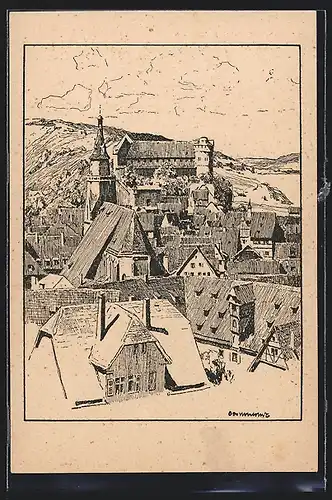 Künstler-AK Otto Ubbelohde: Tübingen, Die Stiftskirche und das Schloss