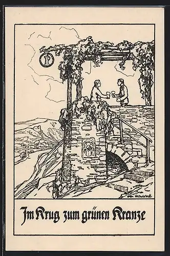 Künstler-AK Otto Ubbelohde: Deutsche Volkslieder, Im Krug zum grünen Kranze