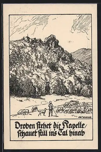 Künstler-AK Otto Ubbelohde: Droben stehet die Kapelle..., Hirte mit Schafen