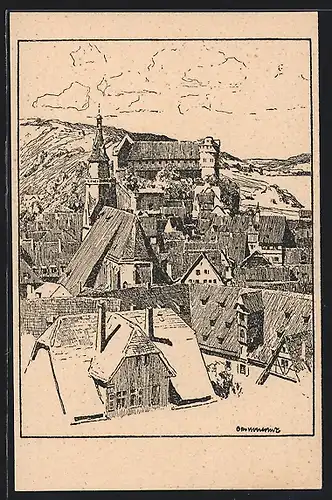 Künstler-AK Otto Ubbelohde: Tübingen, Die Stiftskirche und das Schloss