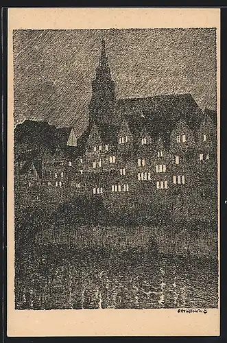 Künstler-AK Ubbelohde: Tübingen, Stiftskirche über der Neckarseite bei Nacht