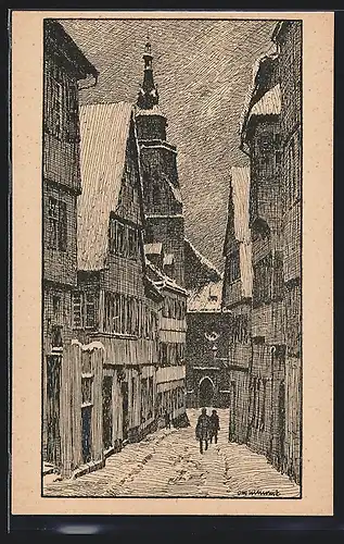 Künstler-AK Tübingen, Die Stiftskirche von der Münzgasse aus