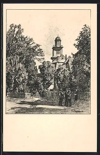Künstler-AK Otto Ubbelohde: Lauterbach, Ortsansicht mit Brunnen