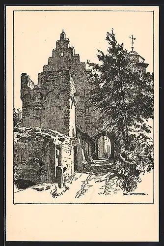 Künstler-AK Otto Ubbelohde: Breuberg i. O., Burg Breuberg, Aufgang zur alten Burg