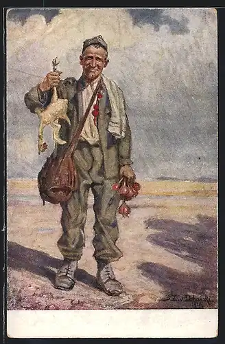 AK österreichischer Soldat hält freudig gerupftes Huhn in der Hand