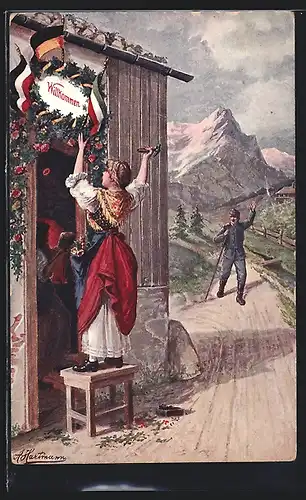 Künstler-AK Soldat in Uniform kehrt Heim