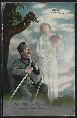 AK Soldat in Uniform kniet mit Degen vor der Liebe