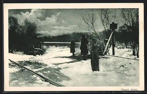 AK Soldaten in Uniform an der Grenze im Schnee