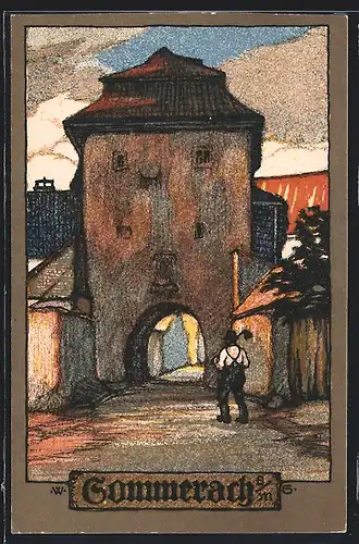 Steindruck-AK Sommerach a. M., Heimkehrender Bauer am Stadttor