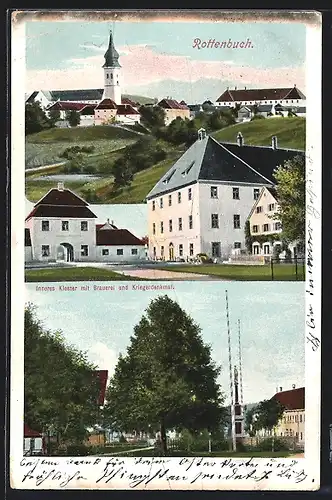 AK Rottenbuch, Inneres Kloster mit Brauerei und Kriegerdenkmal, Ortspartie mit Tor, Kirche