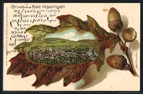 Passepartout-Lithographie Bad Kissingen, Ortsansicht im Eichenblatt