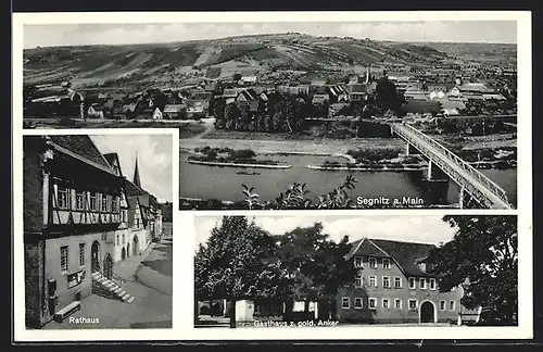 AK Segnitz a. Main, Gasthaus z. gold. Adler, Rathaus, Flusspartie mit Brücke