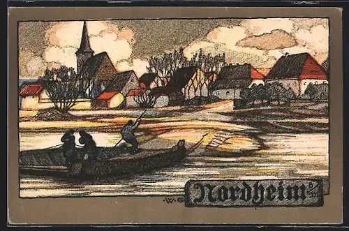 Künstler-AK Nordheim a. M., Teilansicht mit Kirche und Ruderern