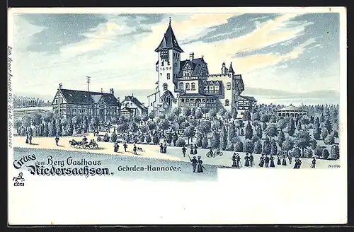 Lithographie Gehrden b. Hannover, Totalansicht vom Berg Gasthaus Niedersachsen