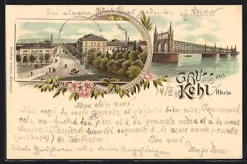 Lithographie Kehl, Eisenbahnbrücke, Ortsansicht