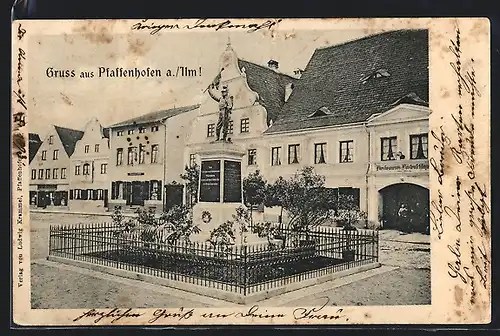 AK Pfaffenhofen a. Ilm, Partie am Kriegerdenkmal mit Bierbrauerei