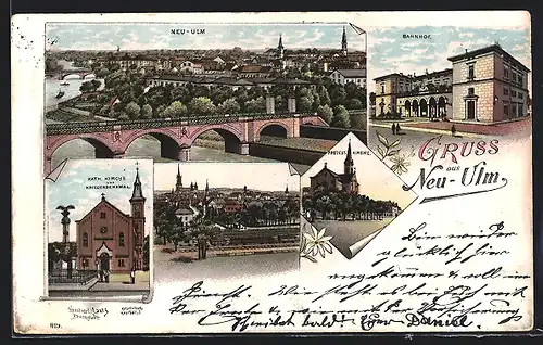 Lithographie Neu-Ulm, Bahnhof, Kath. Kirche und Kriegerdenkmal, Panorama