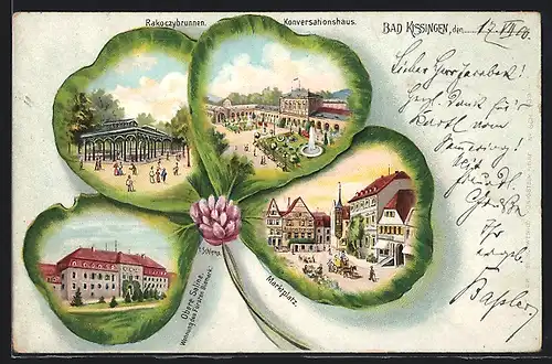 Passepartout-Lithographie Bad Kissingen, Rkoczybrunnen, Konversationshaus, Kleeblatt