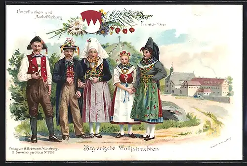 Lithographie 2 Männer und 3 Frauen in bayrischer Volkstracht aus Aschaffenburg