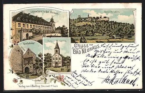 Lithographie Bad Neuhaus, Schlosshotel, Ruine Salzburg und Bischofssaal