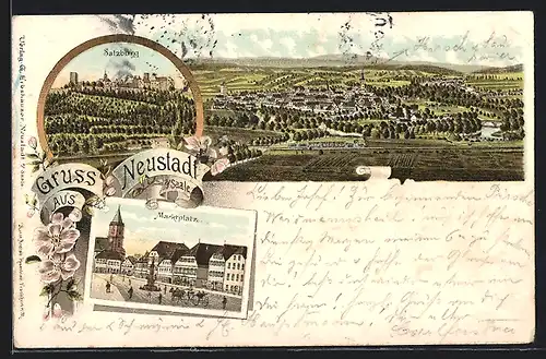 Lithographie Neustadt / Saale, Ansicht vom Marktplatz, Blick zur Salzburg