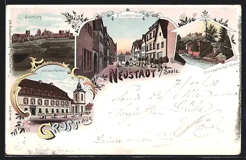 Lithographie Neustadt a. Saale, Hauptstrasse, Ruine Salzburg und Schloss