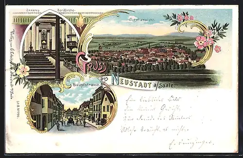 Lithographie Neustadt a. Saale, Hauptstrasse, Innenansicht der Kirche, Totalansicht
