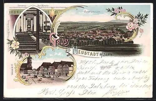 Lithographie Neustadt a. Saale, Totalansicht, Marktplatz & Inneres der Kirche