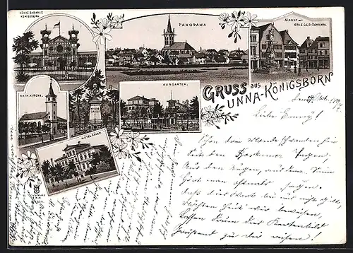 Lithographie Unna-Königsborn, Hotel Adler, König Badhaus, Kurgarten